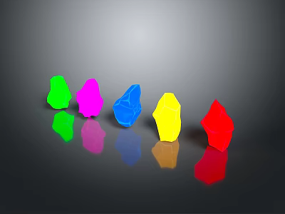 Colorful Polyhedral Gemstones in Green Pink Blue Yellow Red on Black Background with Reflections 3d model