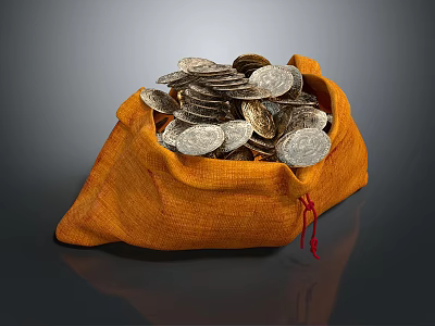 Orange Sack Filled With Shiny Silver Coins And Red String Detail 3d model
