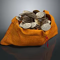 Orange Sack Filled With Shiny Silver Coins And Red String Detail 3d model