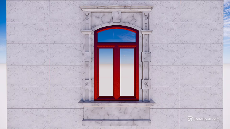 Red Window With Arched Top Marble Frame And Blue Sky On Gray Wall 3d model 