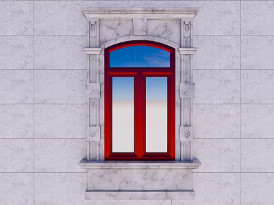 Red Window With Arched Top Marble Frame And Blue Sky On Gray Wall 3d model