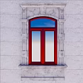 Red Window With Arched Top Marble Frame And Blue Sky On Gray Wall