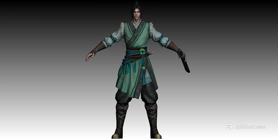 Elegant Ancient Male Character In Green Blue Traditional Robe Holding Sword Standing Against Gray Background 3d model 