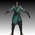 Elegant Ancient Male Character In Green Blue Traditional Robe Holding Sword Standing Against Gray Background