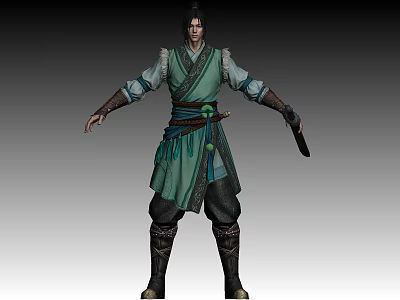 Elegant Ancient Male Character In Green Blue Traditional Robe Holding Sword Standing Against Gray Background 3d model