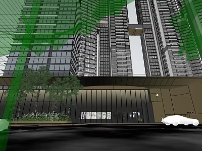 Modern Sales Office Building Featuring Glass Curtain Walls Green Plants And High Rise Residential Background 3d model