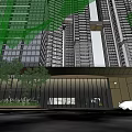 Modern Sales Office Building Featuring Glass Curtain Walls Green Plants And High Rise Residential Background