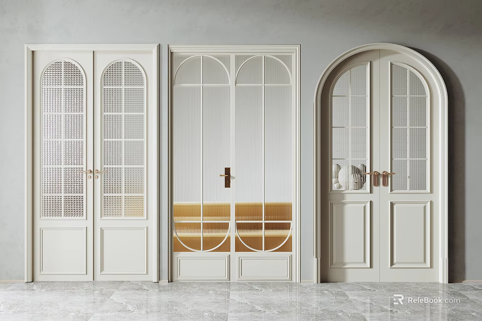 Modern White Double Doors Featuring Decorative Glass Panels And Golden Handles Interior Design 3d model 