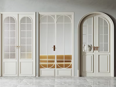 Modern White Double Doors Featuring Decorative Glass Panels And Golden Handles Interior Design 3d model