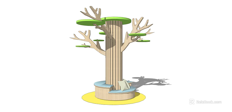Tree Like Wooden Pillar With Green Circular Platforms Branch Extensions And Base Seating 3d model 