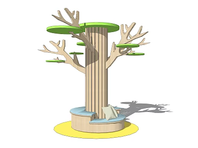 Tree Like Wooden Pillar With Green Circular Platforms Branch Extensions And Base Seating 3d model