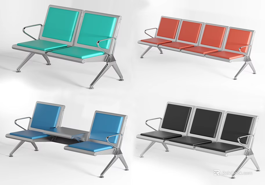 Public Chairs In Various Colors And Styles With Metal Frames And Padded Seats 3d model 