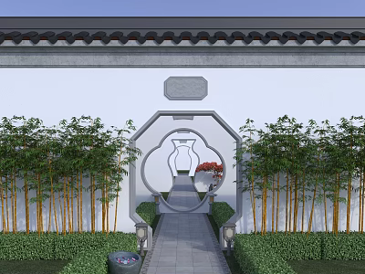 Traditional Chinese Circular Archway In Garden With Bamboo Plants Stone Pathway And Green Shrubs 3d model
