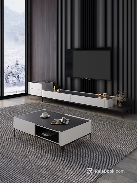 Modern Living Room TV Stand With Sleek Black And White Design And Snowy Window View 3d model 