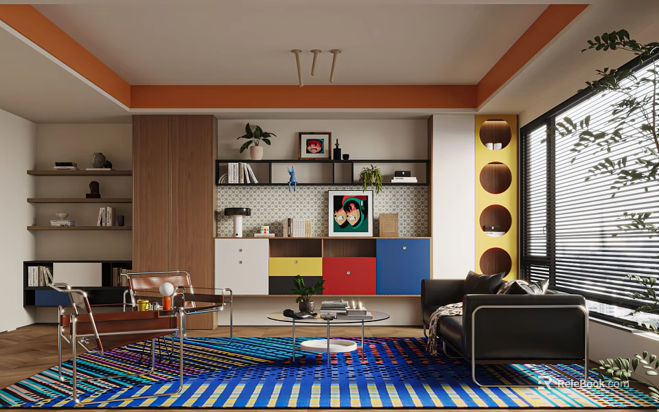 Vibrant Modern Living Room Design With Colorful Cabinets Art Decor And Comfortable Lounge Furniture 3d model 