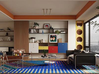Vibrant Modern Living Room Design With Colorful Cabinets Art Decor And Comfortable Lounge Furniture 3d model