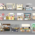 Various Colorful Food And Dessert Market Stalls With Mobile Carts And Awnings