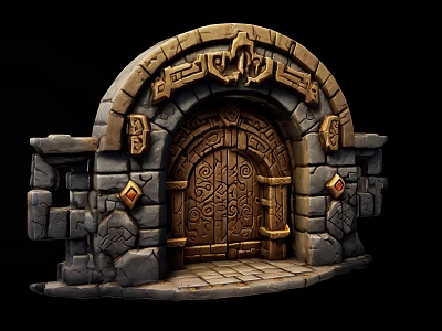 Cartoon Scene of Ancient Stone Archway with Carved Wooden Door and Decorative Runes 3d model