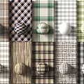 Various Fabric Textures With Round Buttons And Plaid Wood Grain Patterns 3d model