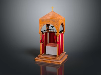 Wooden Prayer Kiosk Featuring Red Curtains Cross On Top And Small Table Inside 3d model