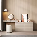 Modern Wooden Dressing Table With Round Mirror White Stool And Decorative Painting
