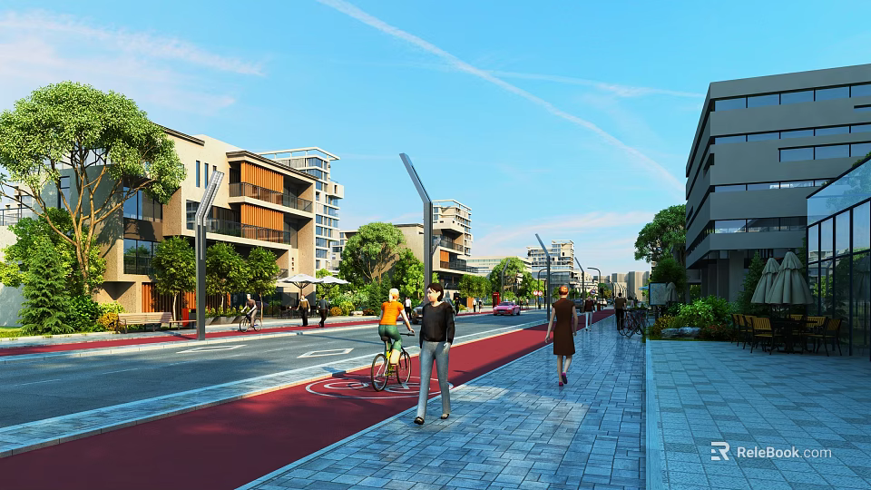 Vibrant Commercial Street With Modern Buildings Pedestrians Cyclists And Green Landscaping 3d model 