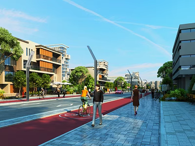 Vibrant Commercial Street With Modern Buildings Pedestrians Cyclists And Green Landscaping 3d model
