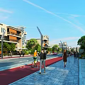 Vibrant Commercial Street With Modern Buildings Pedestrians Cyclists And Green Landscaping