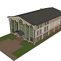 Modern Office Building With Arched Windows Green Lawn Trees And Waterfront View