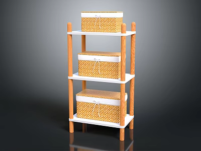 Wooden Frame White Shelf Unit With Three Wicker Storage Baskets For Home Organization 3d model