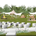 Outdoor Evening Garden Landscape With White Tents Green Lawn White Seats Bonfire And Trees