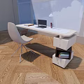 Modern Minimalist Desk With Wooden Top Desk Lamp Laptop White Chair And Drawer Cabinet