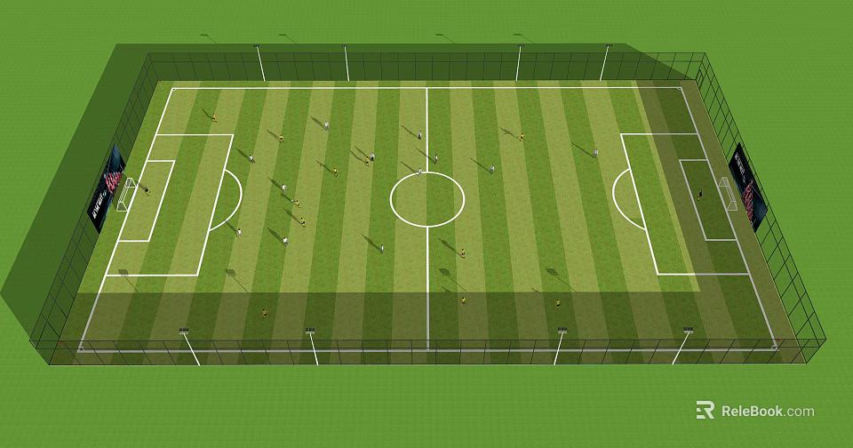 Green Grass Football Field With White Lines Goalposts And Surrounding Fence 3d model 