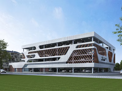 Modern Architectural Building With Geometric Facade Design Lawn Area And Parking Space 3d model