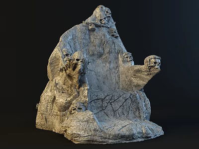 Artistic Rock Sculpture with Animal Head Carvings Textured Surface and Cracks 3d model