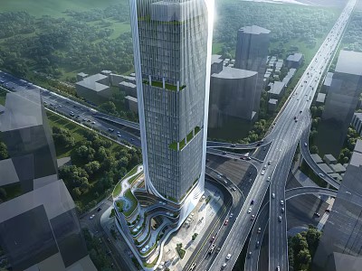 Modern High Rise Office Building Design in City with Road Interchange and Surrounding Greenery 3d model