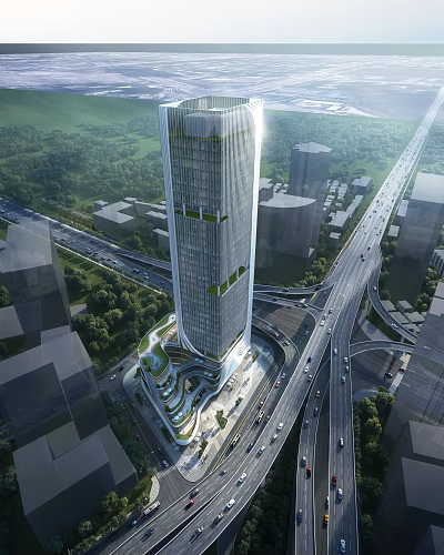 Modern High Rise Office Building Design in City with Road Interchange and Surrounding Greenery 3d model