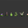 3D Rendered Colorful Plants with Green Leaves Various Colored Flowers on Gray Background and Reflections