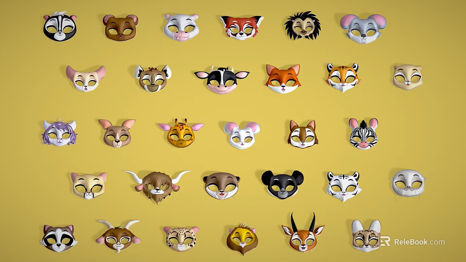 Various Animal Face Masks Including Lion Fox Cat and Giraffe Designs on Yellow Background 3d model 