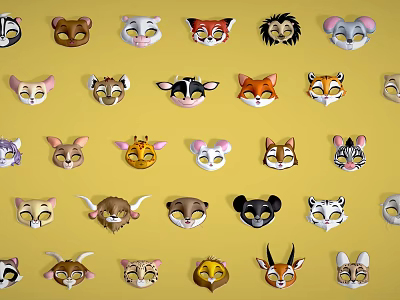 Various Animal Face Masks Including Lion Fox Cat and Giraffe Designs on Yellow Background 3d model