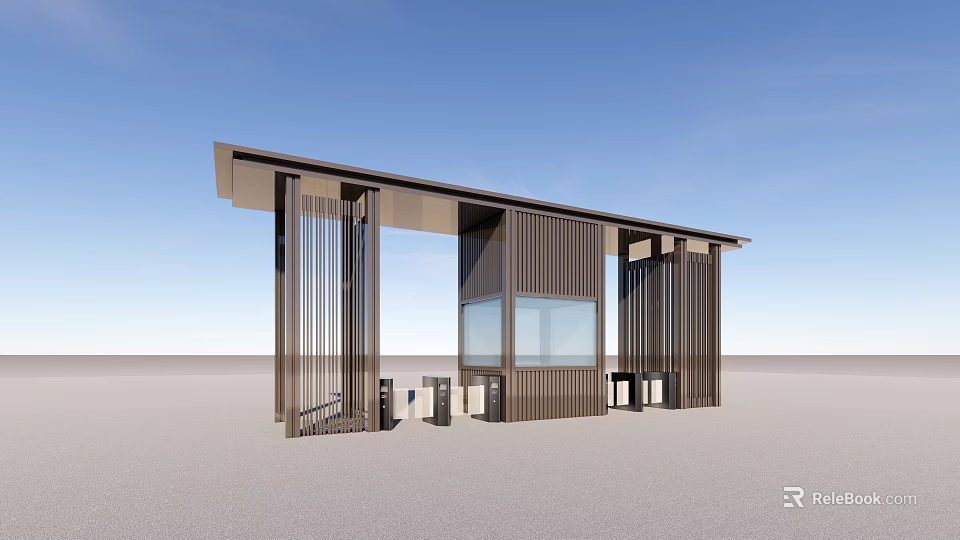 Modern Guard Booth Design With Metal Frame Glass Window And Roof Structure 3d model 