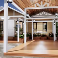 Rustic Wooden Cottage With Gray Roof Green Plants Stone Tile Courtyard And Pergola
