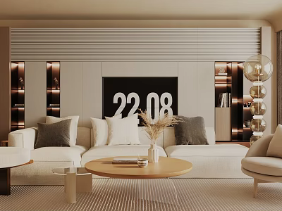 Modern Living Room Interior With White Sofa Gray Pillows Wooden Coffee Table And Illuminated Cabinets 3d model