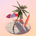 Red And White Striped Beach Lounge Chair Under Palm Tree With Umbrella And Inflatable Ring
