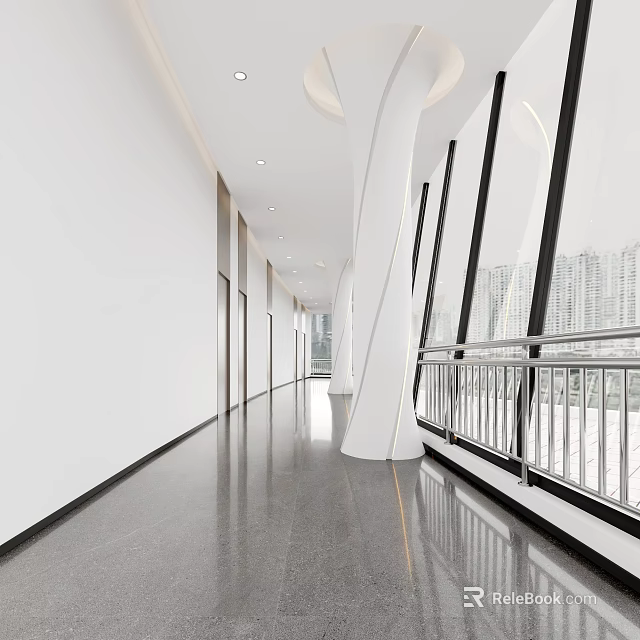Modern Elevator Hallway Design With Sleek Floor White Walls Large Windows And Metal Railings 3d model 