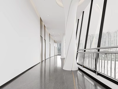 Modern Elevator Hallway Design With Sleek Floor White Walls Large Windows And Metal Railings 3d model
