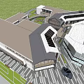 Modern School Building Design With Glass Facade Green Landscaping And Students Walking Area