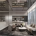 Modern Office Interior Design With Sofa Coffee Table Bookshelves And Large Windows