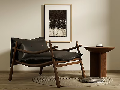 Black Leather Armchair With Wooden Frame And Side Table On Round Rug With Wall Art 3d model