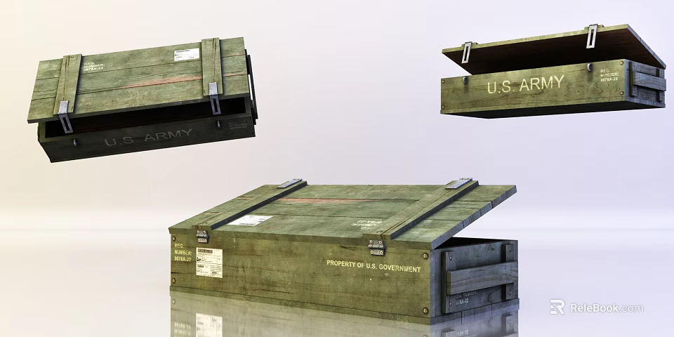 Military Wooden Crate with Metal Straps and Green Color Marked Property of U.S. Government 3d model 